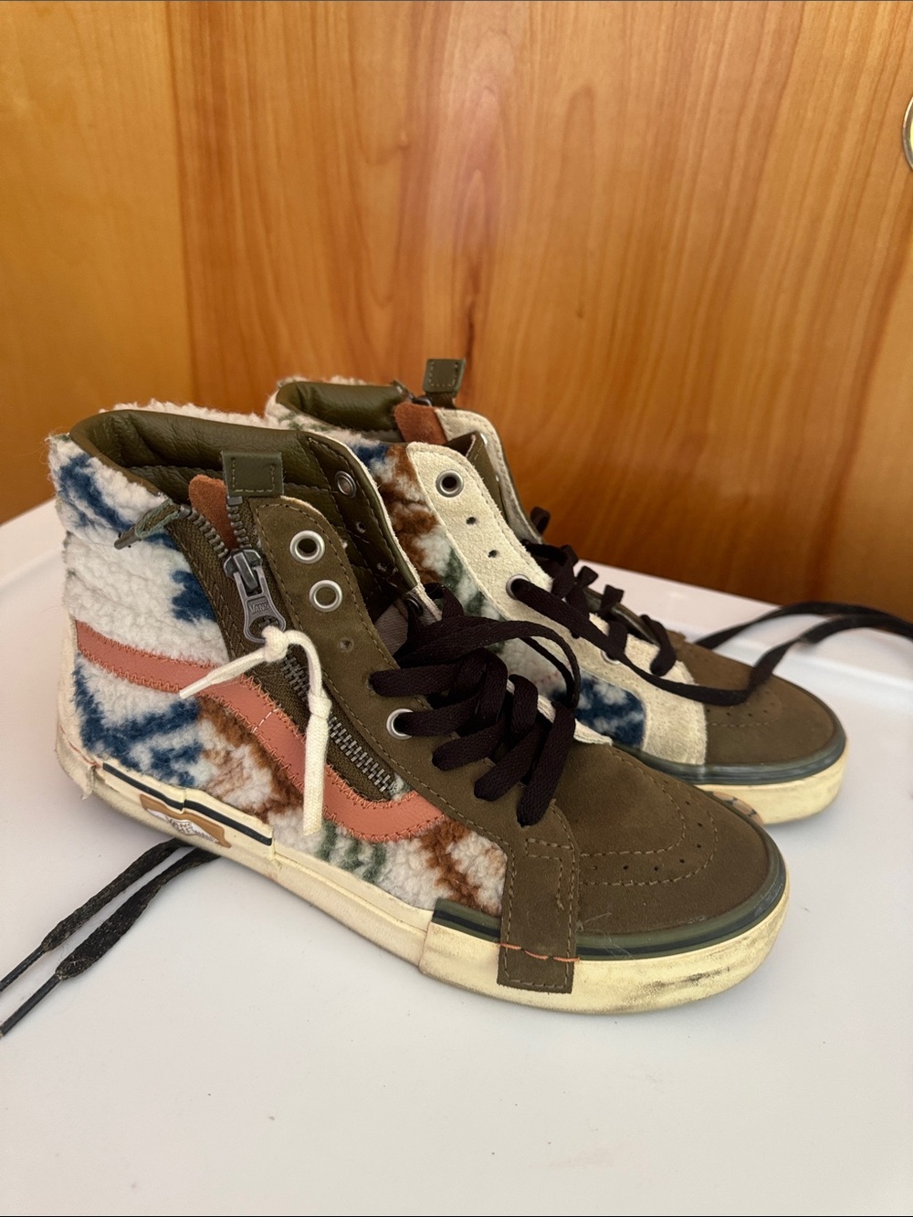 Vans High-Top Sneakers in Olive Green, Brown & Cream